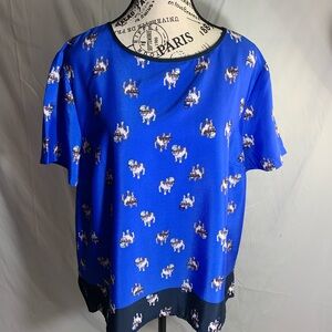 Adrienne Vittadini Blue French Bulldog (Frenchie) Print X-Large high-low Blouse.